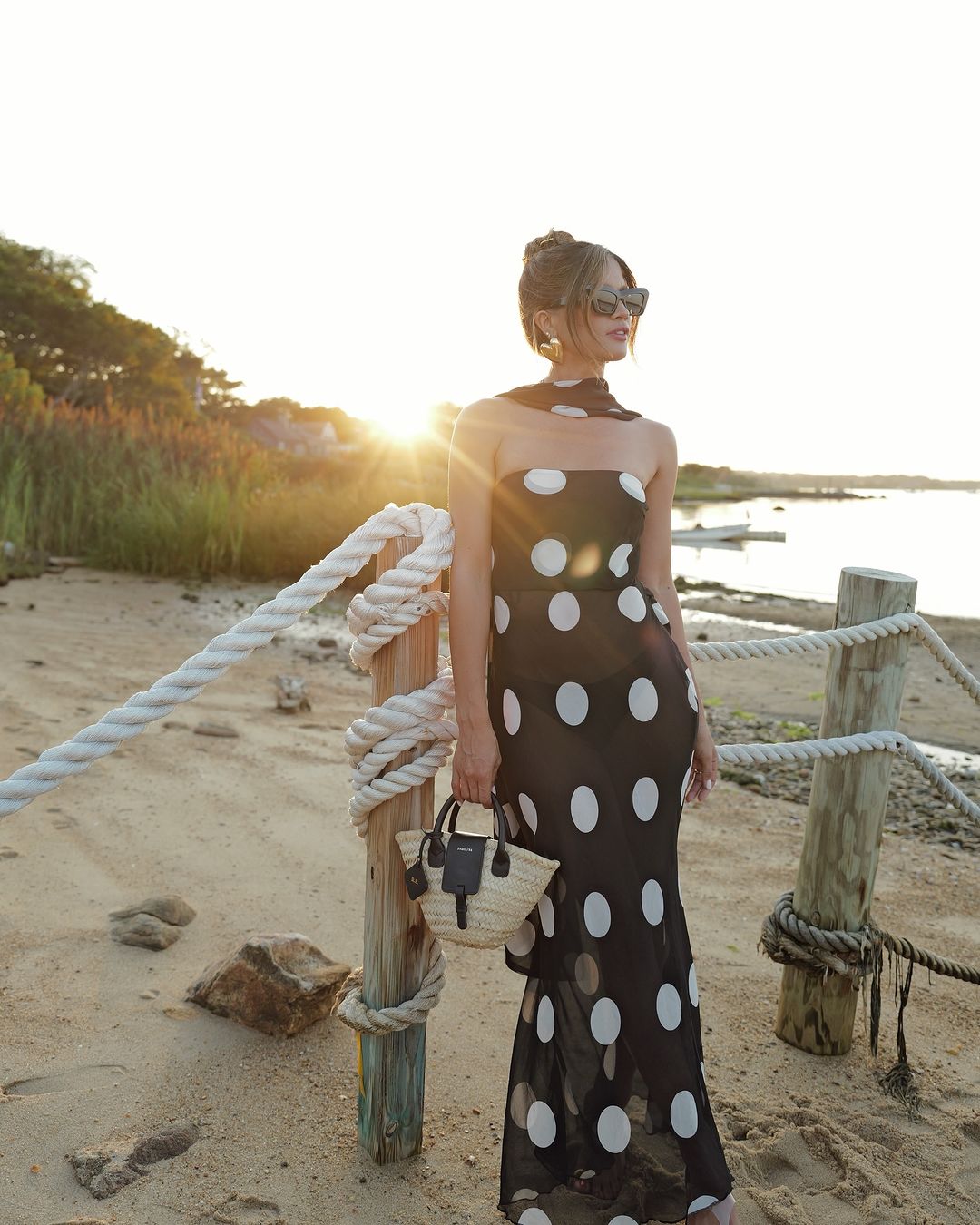 rocky barnes wearing a polka dot maxi dress from for love and lemons